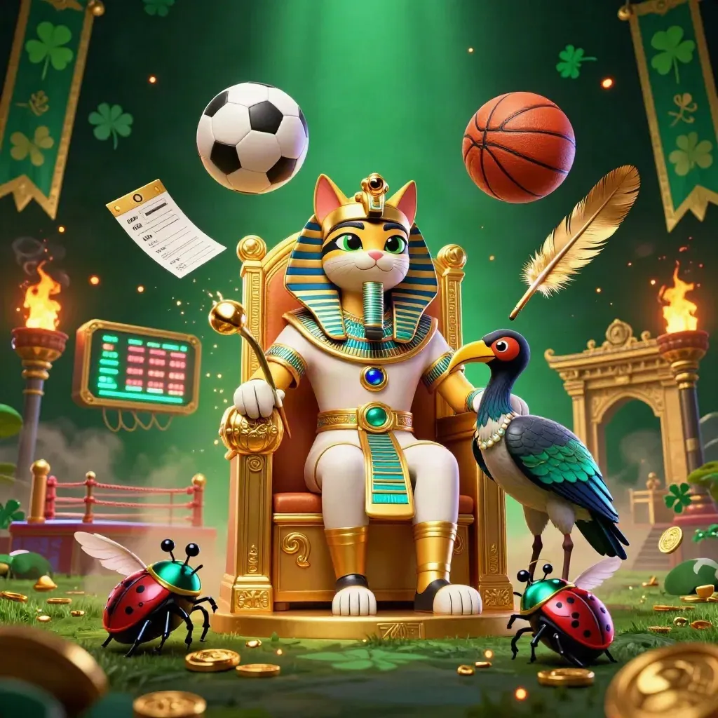 Egyptische kattenkoning, ibis-schrijver en scarabeeën met sportballen in neon casino-stijl.