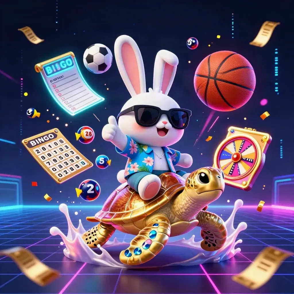 Konijn op gouden schildpad met sportballen, casino-elementen en neon effecten.