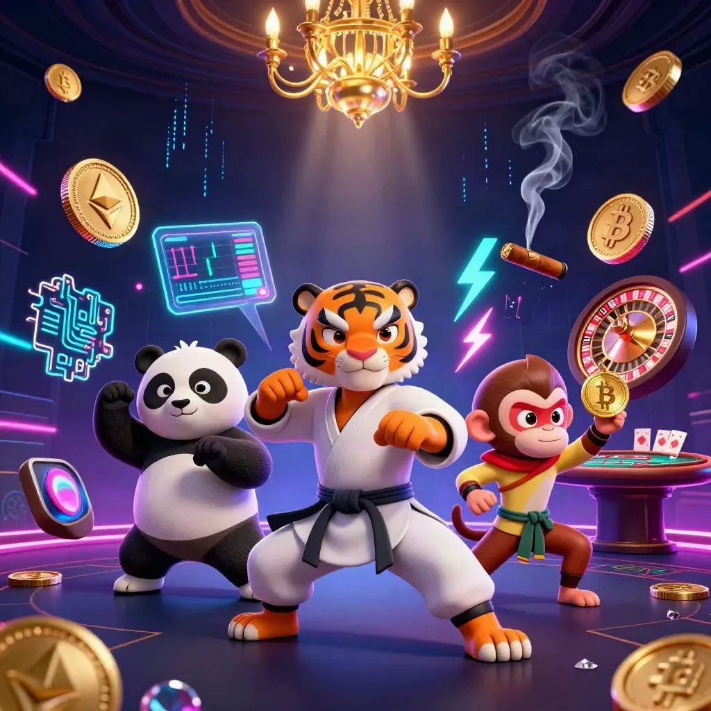 Kung-fu tijger, panda en aap in neon casinoruimte met bitcoin, roulette en dealerbutton.