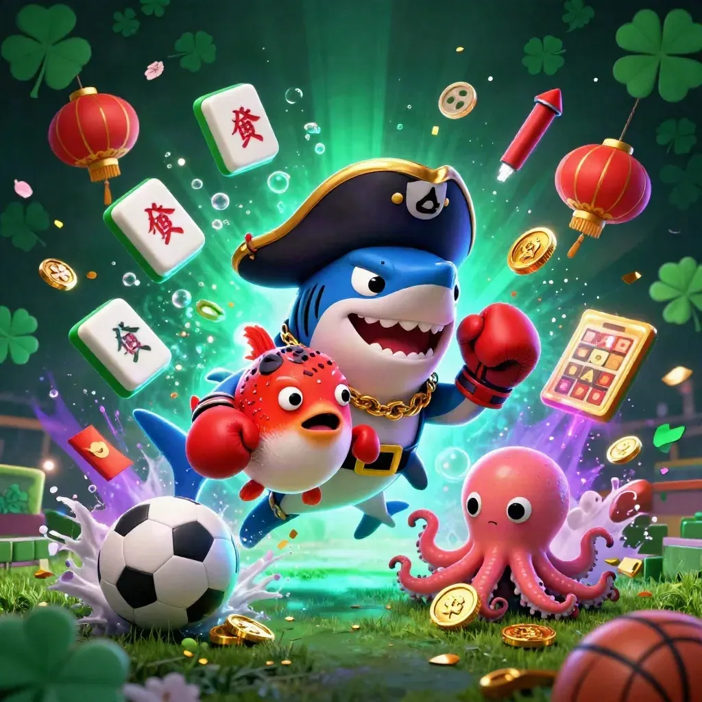 Piraat-haai, pufferfish en baby-octopus met ballen, munten en neon casino-effecten.