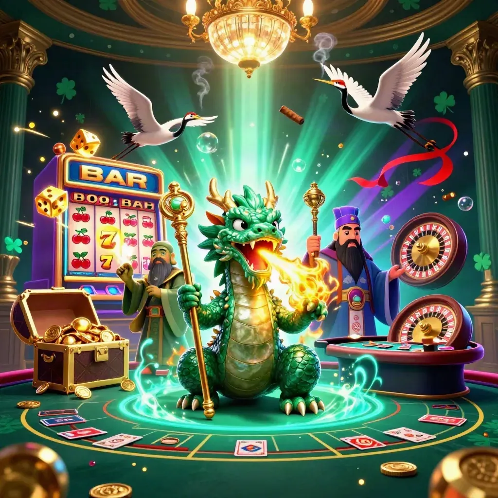 Jade draak, schildpad en kraanvogels in luxe casinozaal met goud, slot en licht