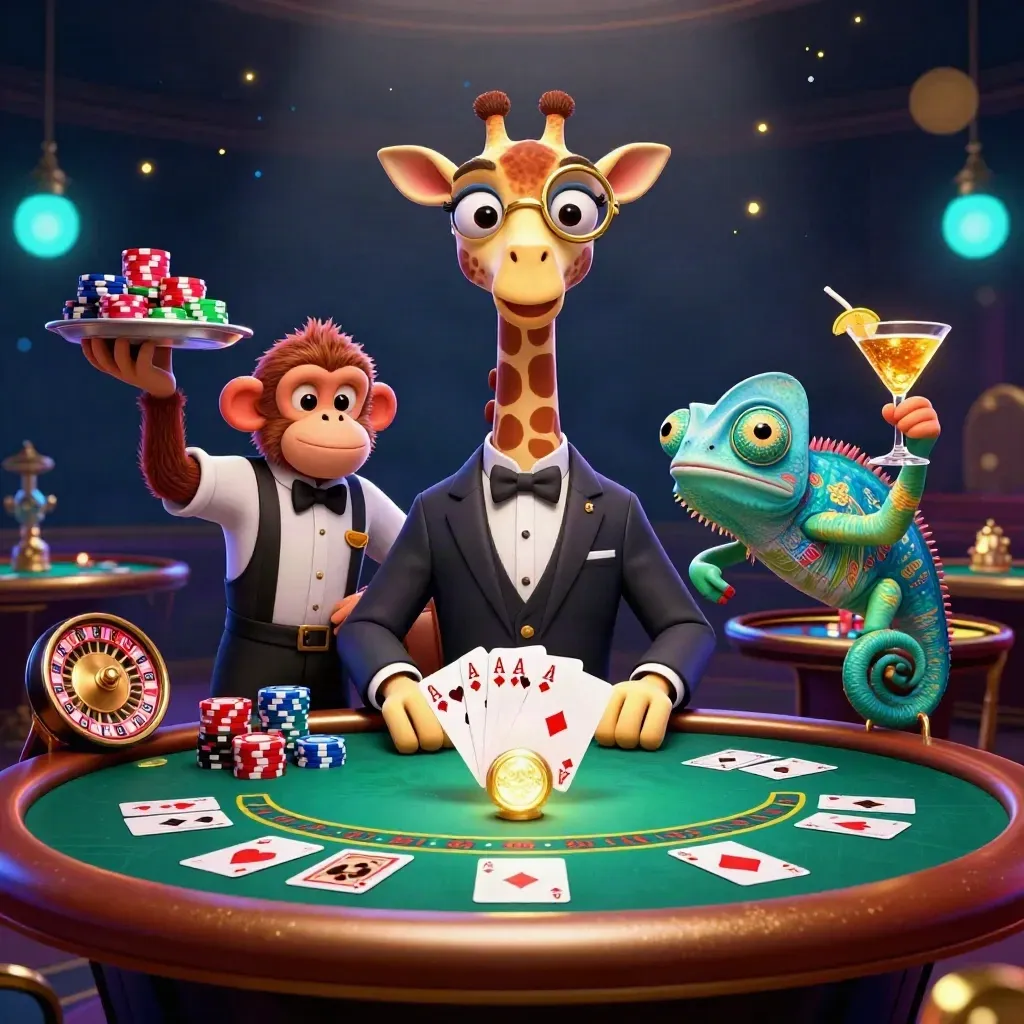 Neon casino-scène met giraffe, aap en kameleon rond een VIP-pokertafel.