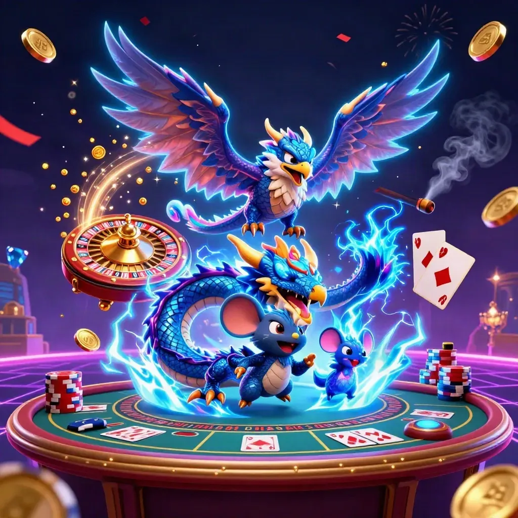Neon casino met draak, valk en muis rond roulette, munten en kaarten
