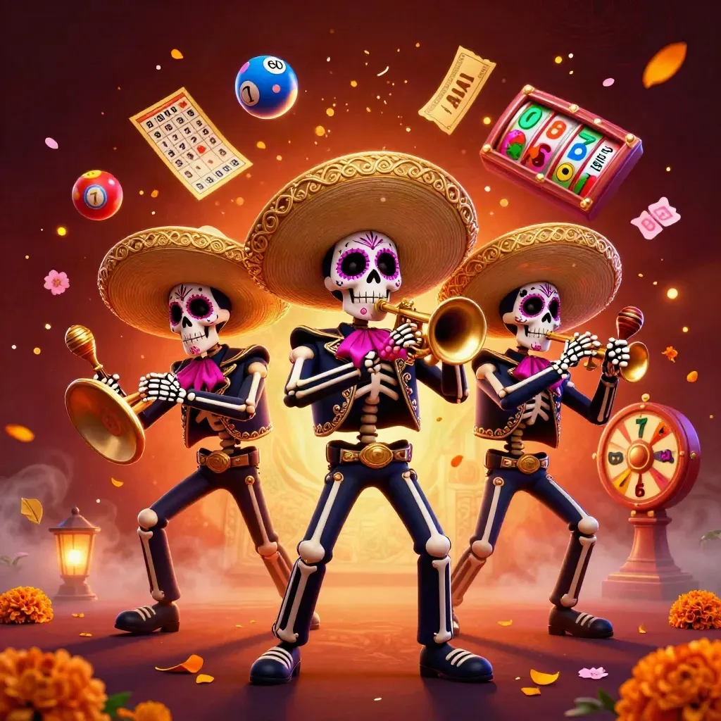 Drie skeletsmariachi’s in neon casino-chaos met ballen, bingo, goud en licht.