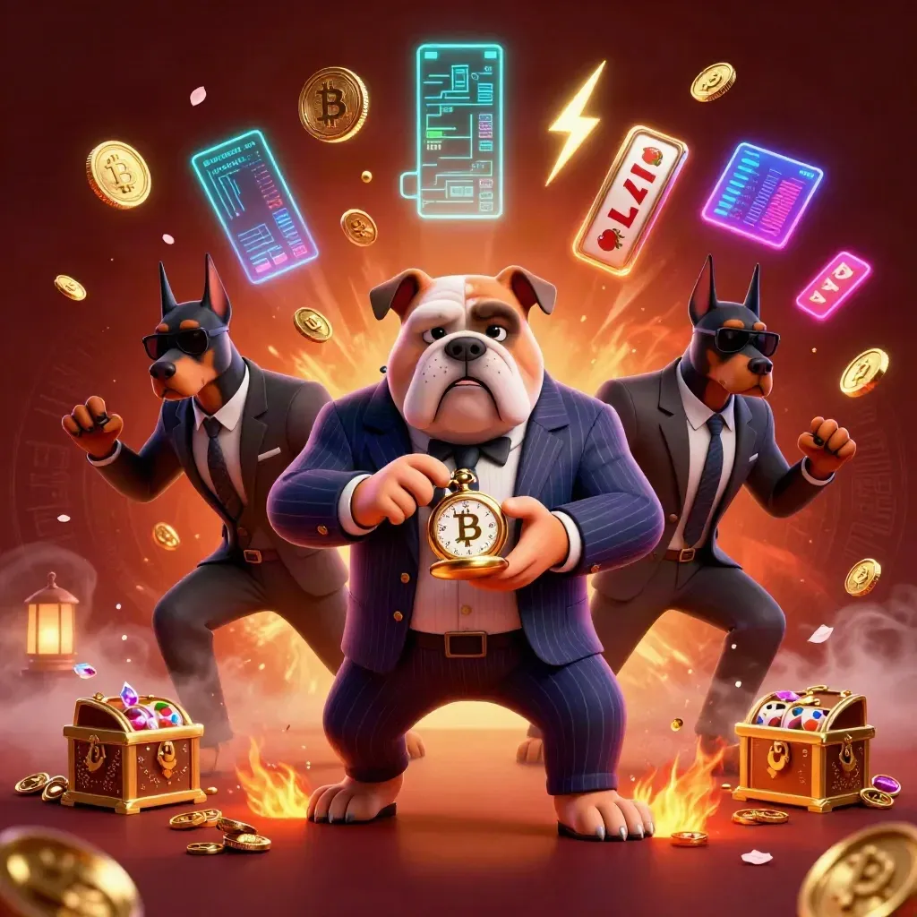 Maffia-bulldog en twee Dobermans tussen crypto-munten, neon en vallende goudbladeren.