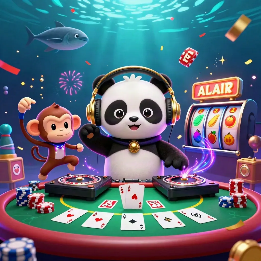 DJ-panda, dansende aap en glow-stick kat in neon casino-actie met fiches en kaarten.