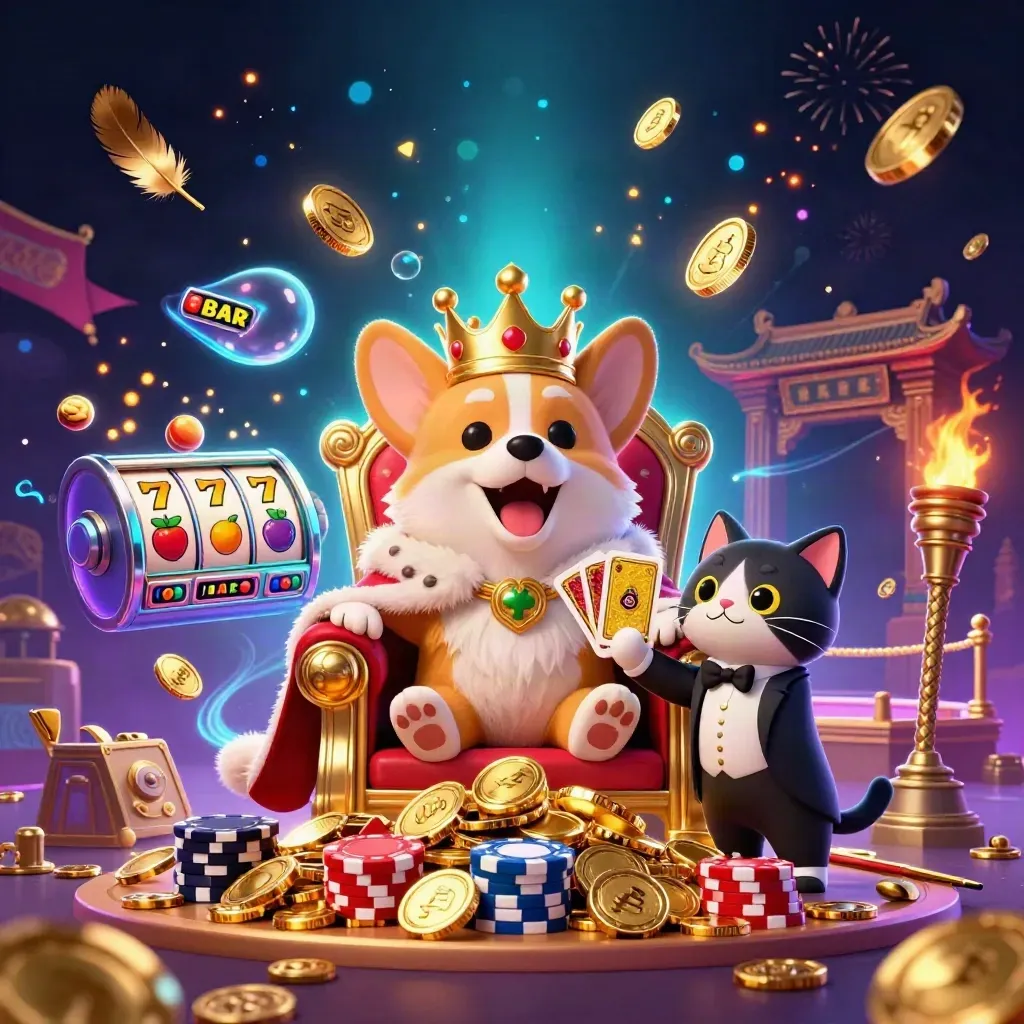 Kroonende corgi en kattenbutler in neon casino-scène met goud, reels en vuurwerk