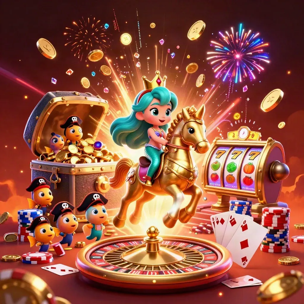 Zeemeerminprinses op gouden zeepaard tussen vallende munten, juwelen en neon-casinovuurwerk.