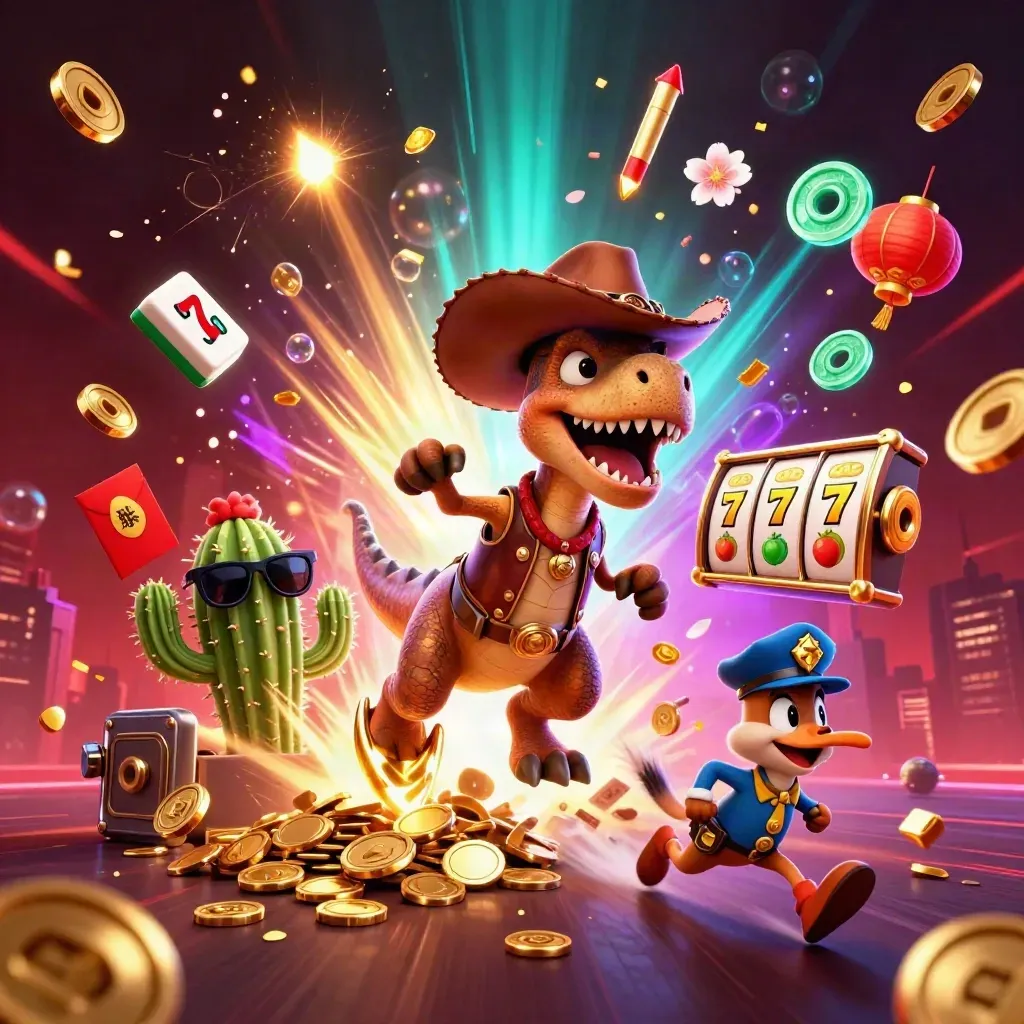 Cartoon T-Rex cowboy, cactus en roadrunner vieren een explosie van goud en slotsymbolen.