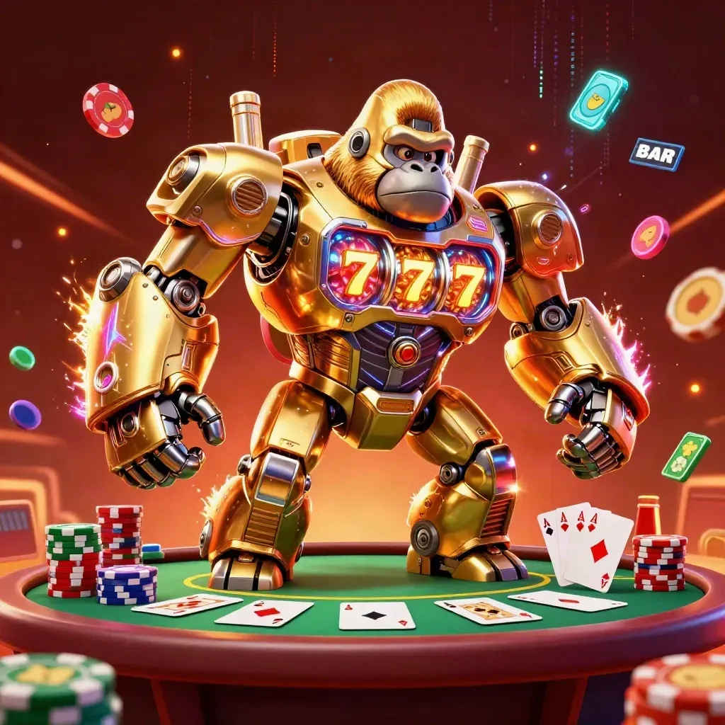 Gouden gorillamech met kleine aap, pokerchips, kaarten en neonvonk in casino-gloed.