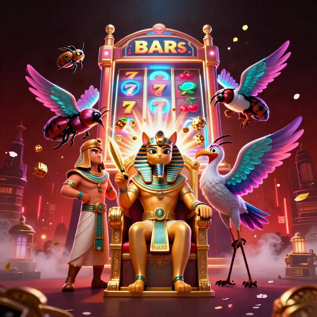 Pharaoh kat op troon met ibis, scarabeeën en gokkast-explosie in neon casino-stijl