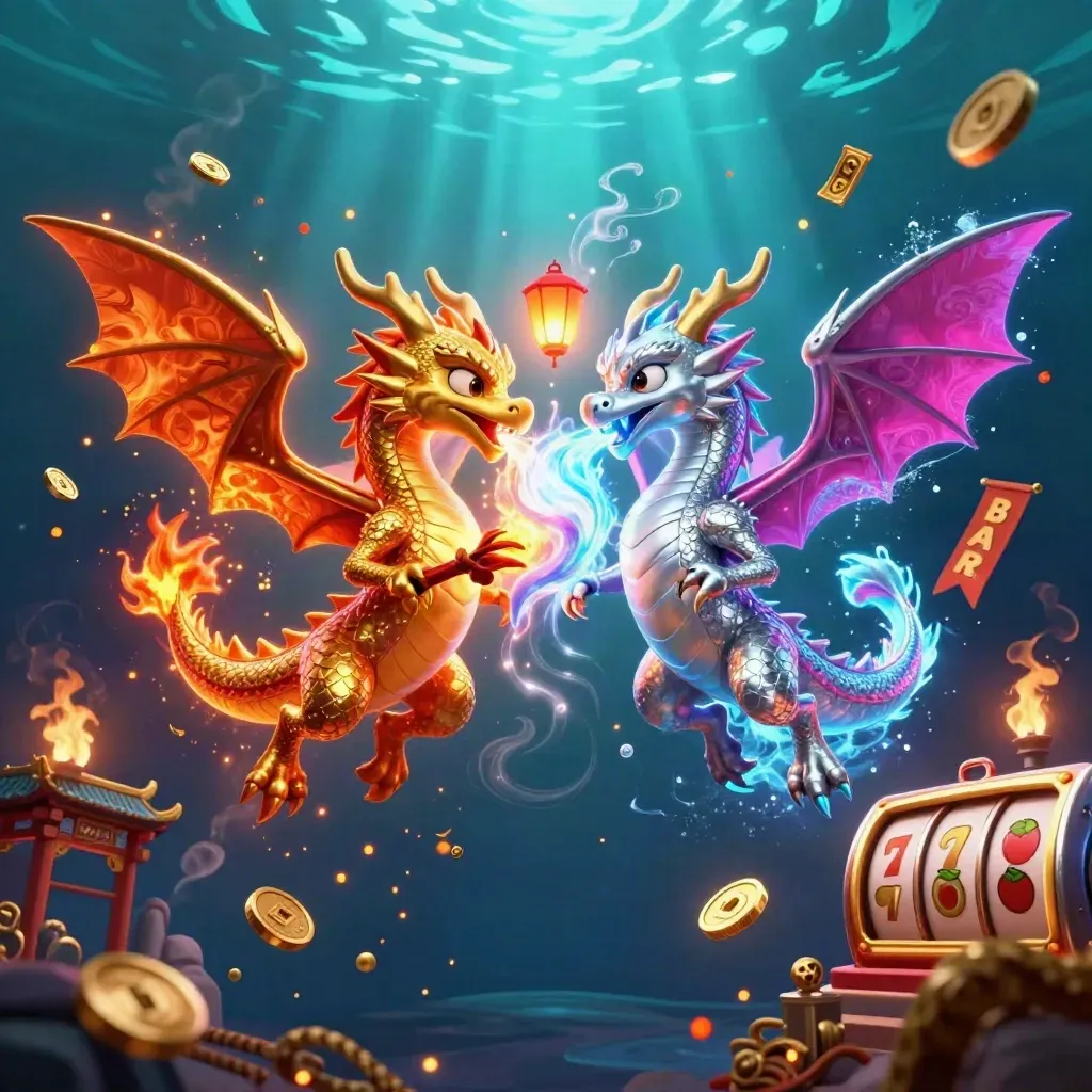 Twee verweven draken met vuur en ijs, lampgeest, tempelpoort en gokkierreels in neon casino-stijl.