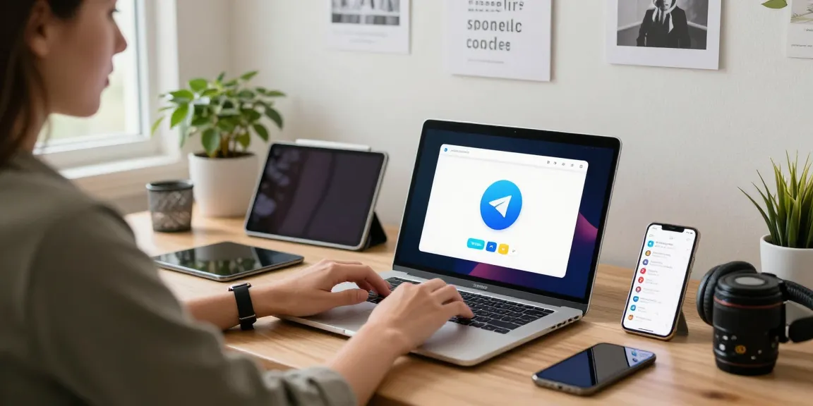 Download Telegram app on a sleek laptop in a modern home office setting with vibrant decor.